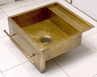 Handcrafted Rectanguler Brass Kitchen Sink with a shelf and a front rail - Brass Sink Custom