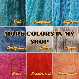 May include: A collage of nine fabric swatches in various colors. The colors include teal, turquoise, sky blue, dusty blue, white, beige, rose, scarlet red, and pomerance. The text "MORE COLORS IN MY SHOP" is also present.