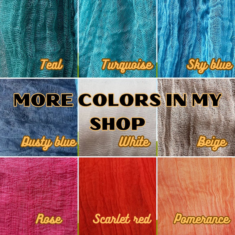 May include: A collage of nine fabric swatches in various colors. The colors include teal, turquoise, sky blue, dusty blue, white, beige, rose, scarlet red, and pomerance. The text "MORE COLORS IN MY SHOP" is also present.