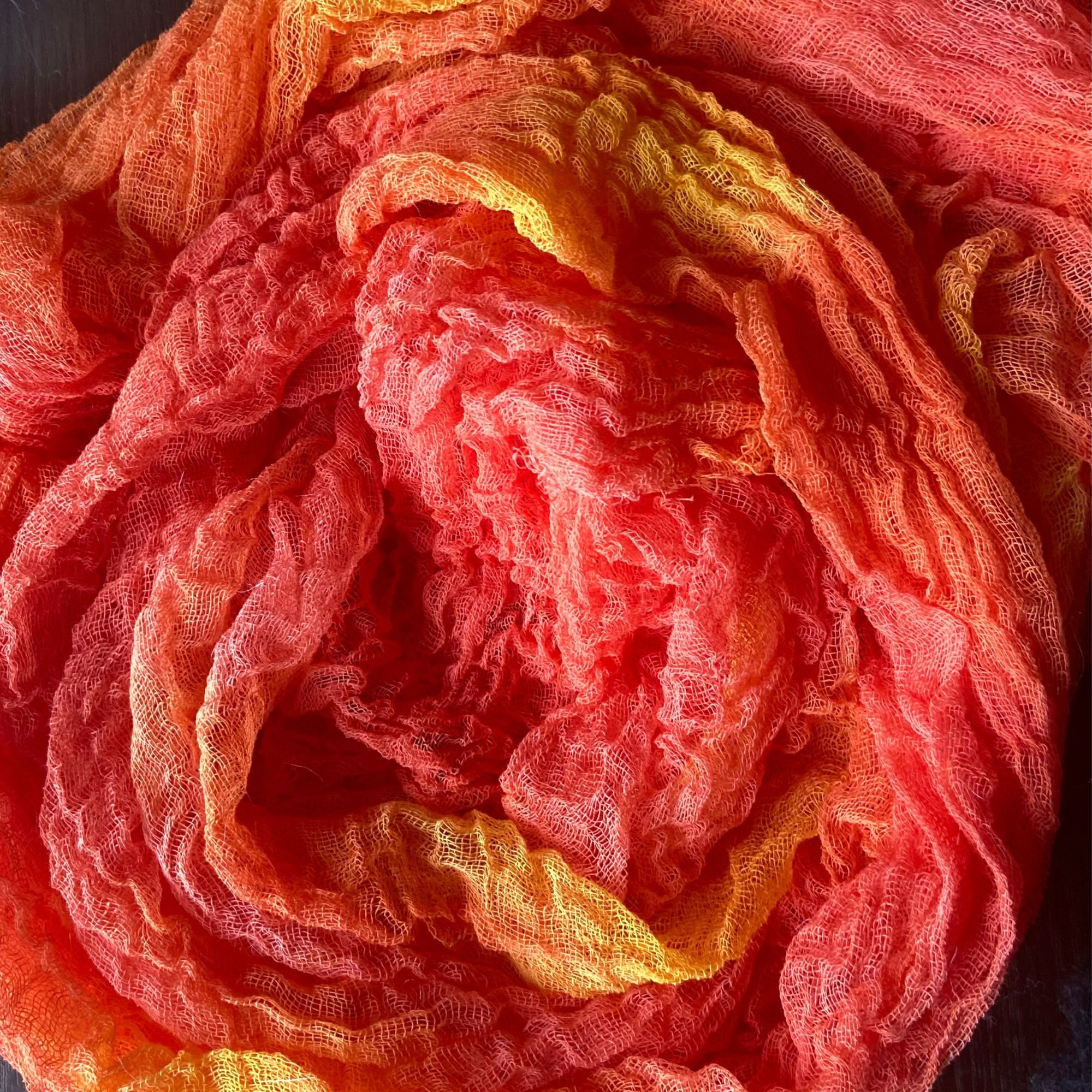 Hand Dyed Cotton Gauze Table Runner: Yellow Orange Scrim Fabric