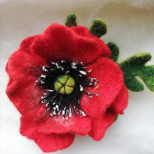 Red Felted Wool Poppy Pin: Handmade Brooch