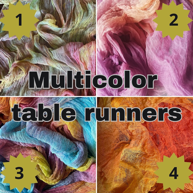 May include: A collage of four colorful table runners. The runners are made of a textured fabric in shades of pink, purple, blue, yellow, and orange. The text "Multicolor table runners" is displayed across the image.