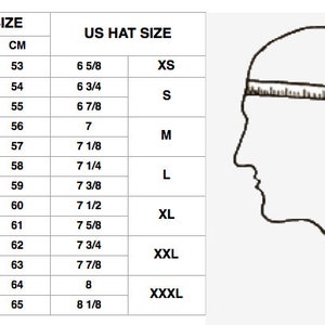 May include: A chart showing head size measurements in inches and centimeters, with corresponding US hat sizes. A side profile of a head with a measuring tape is also shown. Sizes range from XS to XXXL.