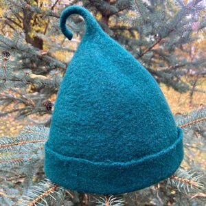 Peut inclure: Un chapeau d'elfe en feutre vert sarcelle avec un sommet pointu et un bord recourbé.