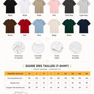 May include: A color chart for LA BRODZER t-shirts displaying twelve solid color options including black, white, khaki, pink, dark grey, light grey, brown, red, blue, beige, green, and navy. Includes a size guide table in cm and care instructions.