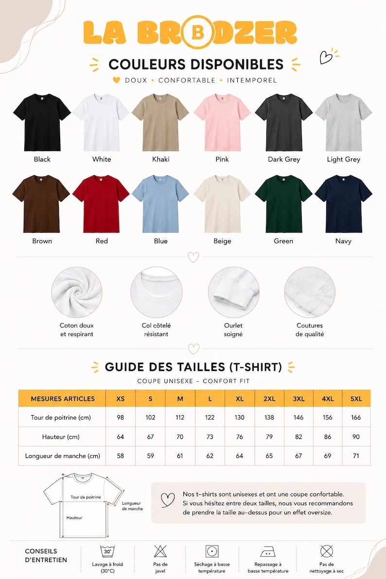 May include: A color chart for LA BRODZER t-shirts displaying twelve solid color options including black, white, khaki, pink, dark grey, light grey, brown, red, blue, beige, green, and navy. Includes a size guide table in cm and care instructions.