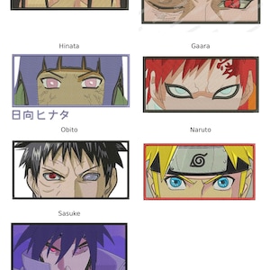 May include: A collection of seven rectangular embroidered patches featuring anime character eyes. The designs include Itachi, Shisui with Japanese text, Hinata with Japanese text, Gaara, Obito, Naruto with a headband, and Sasuke. Each patch has a distinct border.