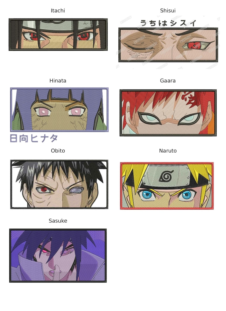 May include: A collection of seven rectangular embroidered patches featuring anime character eyes. The designs include Itachi, Shisui with Japanese text, Hinata with Japanese text, Gaara, Obito, Naruto with a headband, and Sasuke. Each patch has a distinct border.