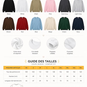May include: A collection of unisex crewneck sweatshirts in twelve colors including black, white, khaki, pink, dark grey, light grey, brown, red, blue, beige, green, and navy. Includes close-up details of fabric, ribbed collar, cuffs, and seams.
