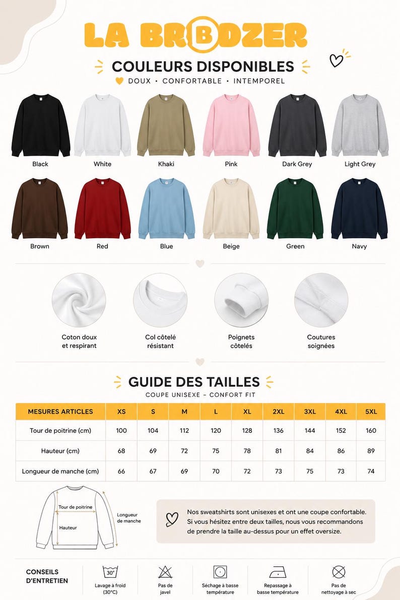 May include: A collection of unisex crewneck sweatshirts in twelve colors including black, white, khaki, pink, dark grey, light grey, brown, red, blue, beige, green, and navy. Includes close-up details of fabric, ribbed collar, cuffs, and seams.