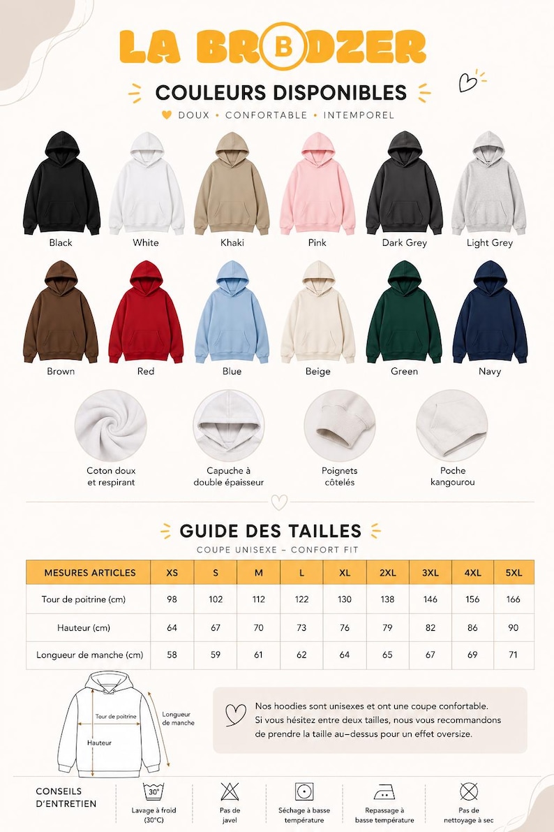 May include: A collection of unisex hoodies in twelve colors including black, white, khaki, pink, dark grey, light grey, brown, red, blue, beige, green, and navy. Features include a double-layered hood, ribbed cuffs, and a kangaroo pocket.