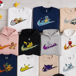 May include: A collection of sweatshirts and hoodies featuring embroidered designs of various creatures paired with a swoosh logo. The garments are displayed in a grid, each numbered, showcasing characters like Pikachu, Squirtle, and Charizard.