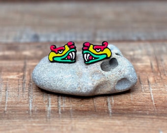Quetzalcoatl (feathered serpent) head wood stud earrings, hand painted, Aztec Mayan Mythology.