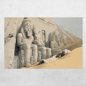 May include: A vintage illustration of the Great Temple of Abu Simbel in Egypt. The temple is carved into a cliff face and features four colossal statues of Ramses II.