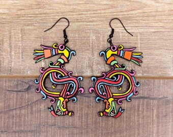 Hand Painted Quetzalcoatl Earrings, Aztec Mayan Jewelry