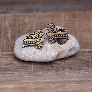 Quetzalcoatl (feathered serpent) Profile wood stud earrings set, hand painted, gold color, Aztec Mayan Mythology.
