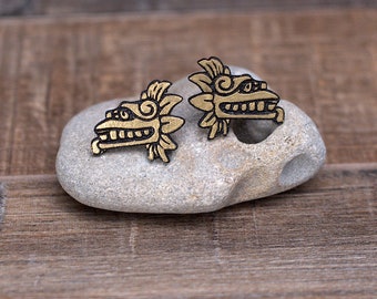 Hand-Painted Quetzalcoatl Earrings: Aztec Mayan Gold Studs