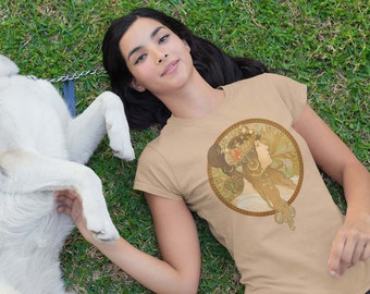 Alphonse Mucha Art Nouveau T-Shirt: Têtes Byzantines Brunette Design