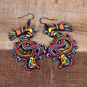 Quetzalcoatl (feathered serpent) wood earrings, hand painted, Aztec Mayan Mythology.