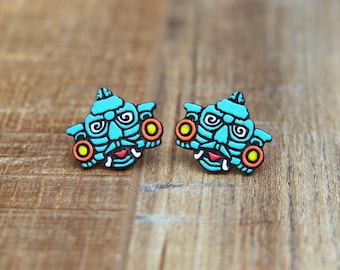 Aztec Mayan Jewelry | Guatemala Maya Mosaic Mask wooden stud earrings set, handmade.