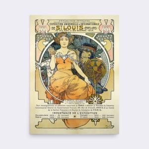 May include: A vintage poster advertising the 1904 World's Fair in St. Louis, Missouri. The poster features a woman in a flowing orange dress, holding a spindle and surrounded by intricate Art Nouveau designs. The text reads "Exposition Universelle & Internationale de St. Louis (Etats-Unis) du 30 Avril au 30 Novembre 1904."