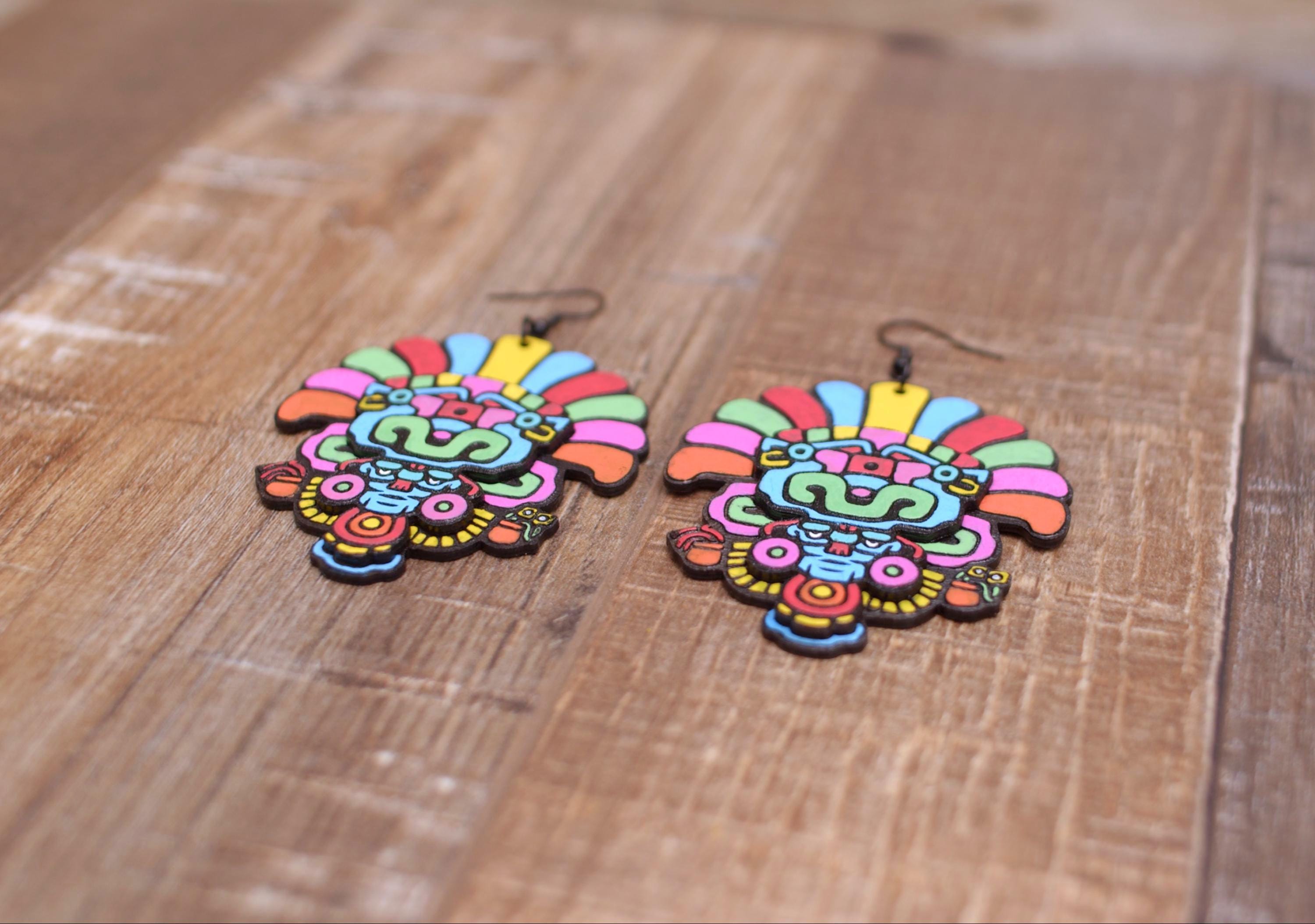 Cocijo Rain God Earrings: Hand-painted Zapotec Wooden Dangle