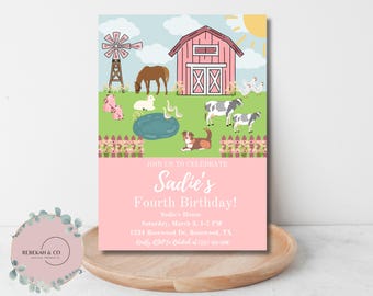 Op de afbeelding: Roze en groene verjaardagsuitnodiging met een cartoon boerderijscène. De uitnodiging luidt "Vier met ons Sadies vierde verjaardag!" met details over het feest, inclusief datum, tijd en locatie.