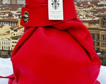 Handmade Italian Red Leather Backpack | Genuine Florentine Leather | Stylish Drawstring Bag for Women