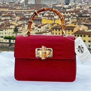 Italian Handmade Leather Bag for Women ,Elegant Crocodile-Embossed Handbag from Florence,Stylish Bamboo Handle Purse ,Premium Leather
