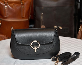 Elegant Black Leather Crossbody Bag for Women | Italian Handmade Leather Bag | From Florence, Made in Italy