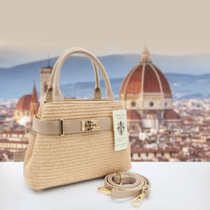 Italian Handmade Leather Bag For Women | Elegant Woven Raffia Tote From Florence | Beige Leather Handbag, Made in Italy