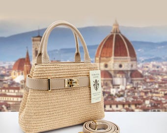 Bolsa feminina de couro artesanal italiano | Elegante bolsa de ráfia trançada de Florença | Bolsa de couro bege, fabricada na Itália