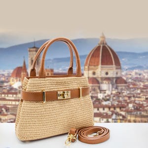 Italian Handmade Leather Bag For Women | Elegant Woven Raffia Tote From Florence | Brown Leather Handbag, Made in Italy