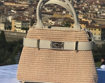 Bolsa feminina de couro artesanal italiano | Elegante bolsa de ráfia trançada de Florença | Bolsa de couro creme, fabricada na Itália