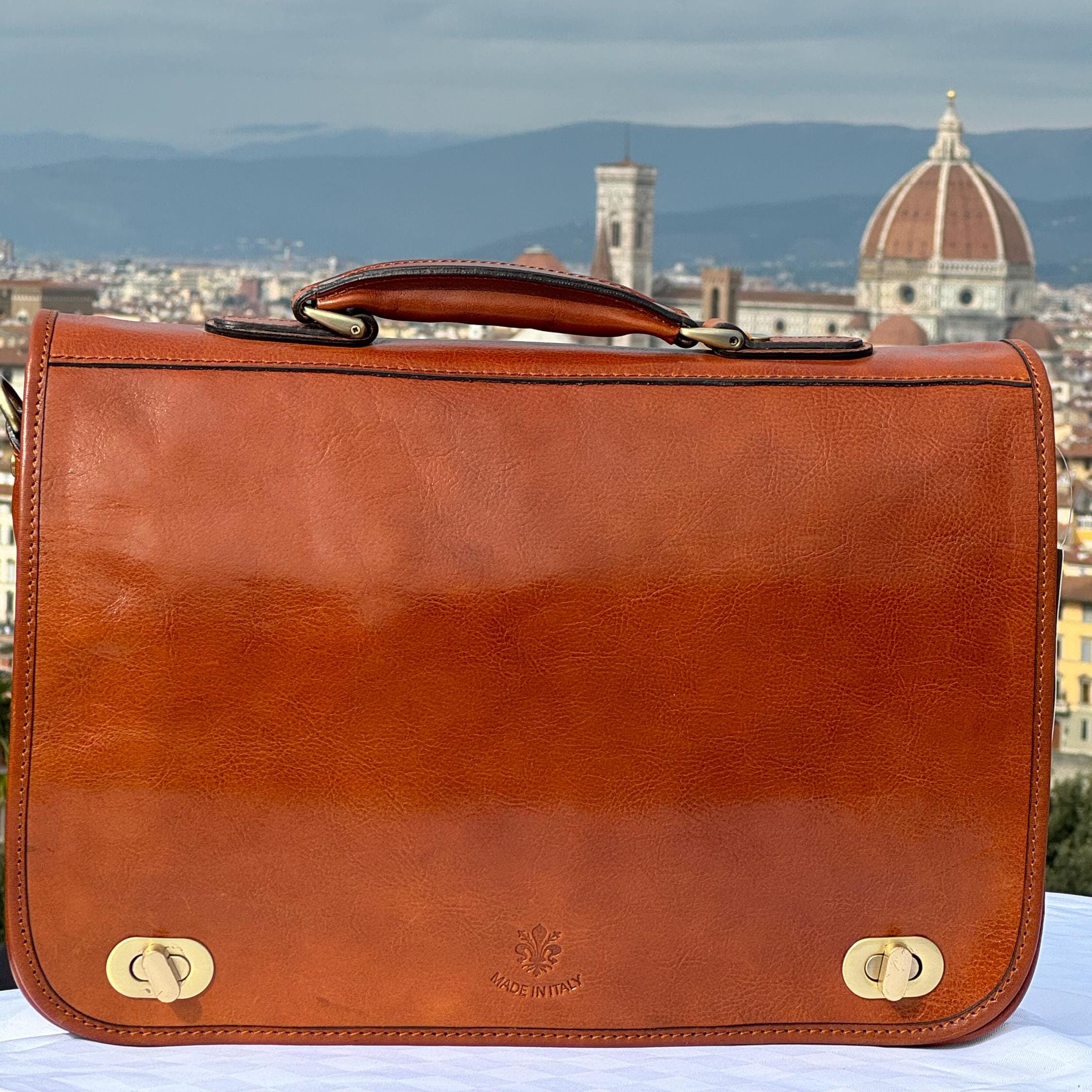 Italian Handmade Leather Briefcase | Men's Luxury Work Bag, Cognac Brown, Made in Italy