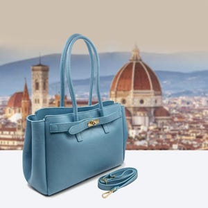 Italian Handmade Leather Bags For Woman ‖ Elegant Leather Tote From Florence, Light Blue Bag, Made in Italy