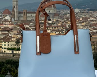 Italienische handgefertigte Ledertasche für Damen | Elegante hellblaue Ledertasche aus Florenz, hergestellt in Italien