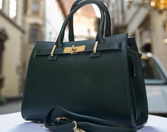 Italian Handmade Leather Bag For Women | Elegant Leather Tote Bag From Florence, Dark Green Bag, Made in Italy