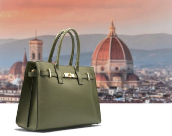 Italian Handmade Leather Bag for Women | Elegant Green Leather Tote From Florence, Made in Italy | Luxury Top Handle Purse