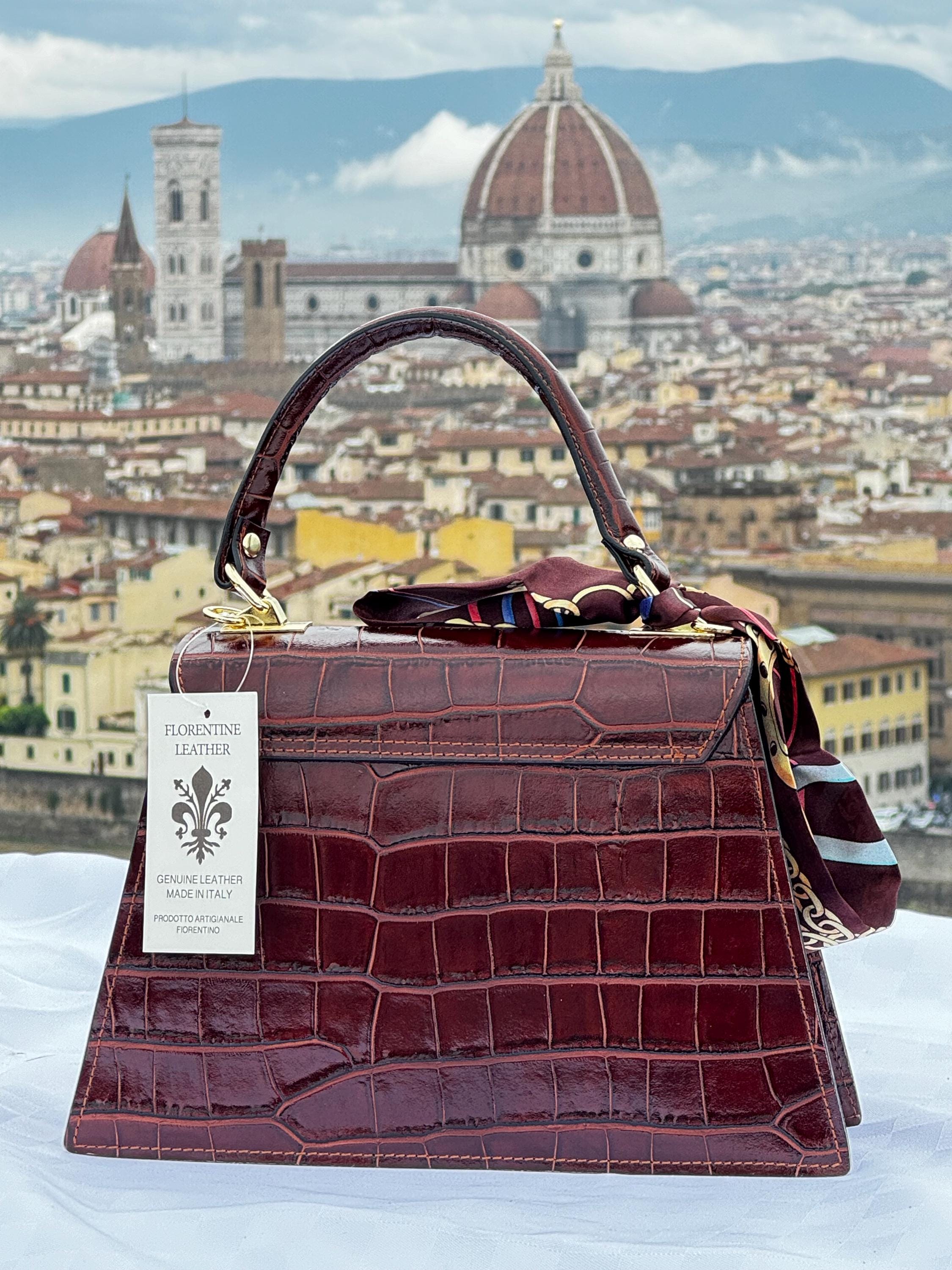 Crocodile Embossed Italian Leather Handbag With Gold Chain