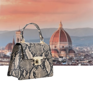 May include: A structured handbag with a snakeskin pattern in black and beige tones. The bag has a top handle, gold-coloured hardware, and a clasp closure. The background shows a cityscape with a large dome.
