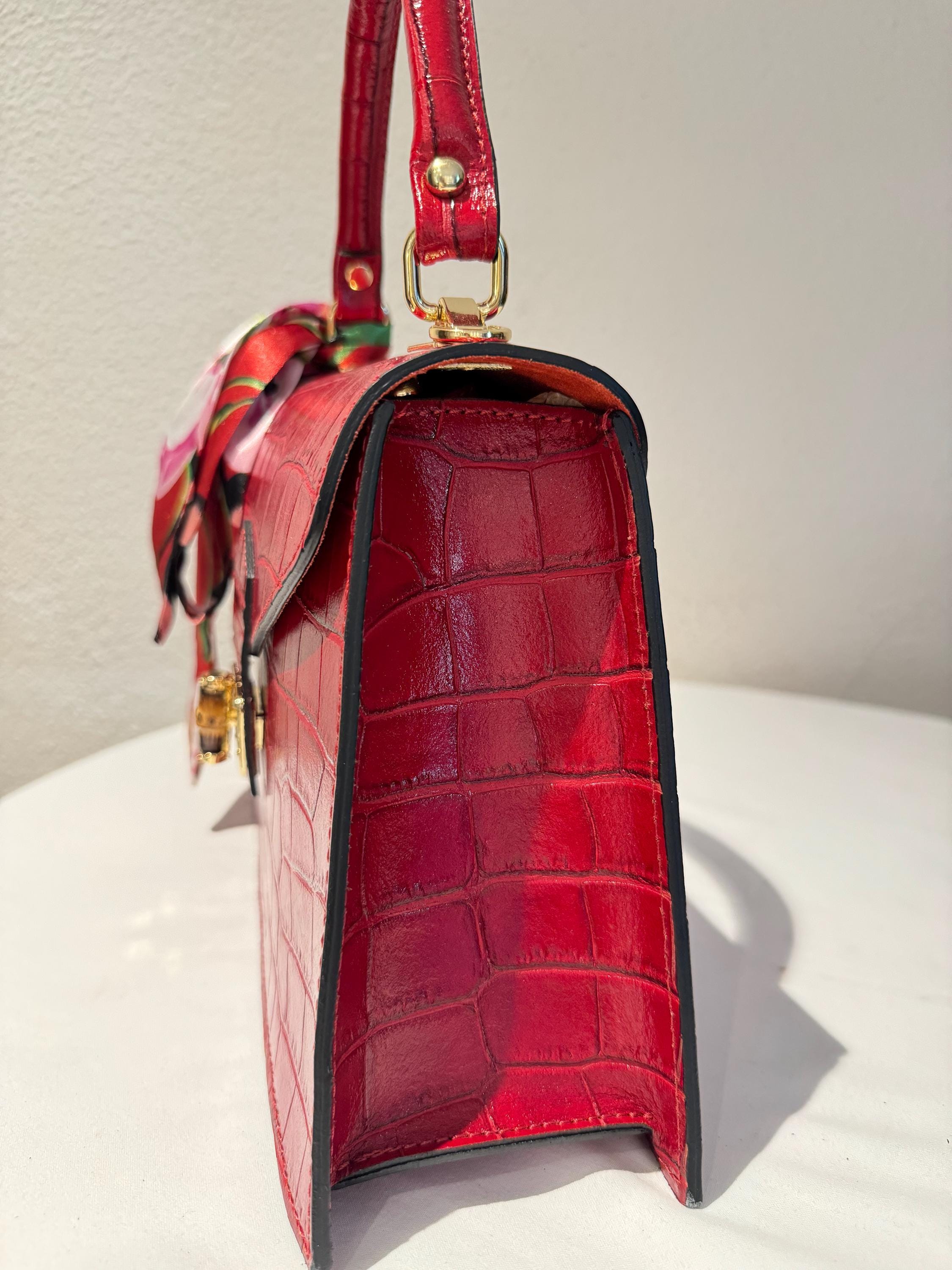 Elegant Italian Red Leather Croc-embossed Handbag With Floral