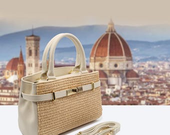 Bolsa feminina italiana feita à mão em couro | Elegante bolsa tote em couro creme e ráfia, de Florença | Bolsa de verão, fabricada na Itália