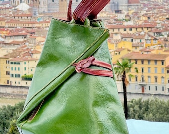 Italian Handmade Leather Bag for Women | Versatile Green Leather Backpack from Florence | Made in Italy