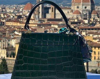 Italian Handmade Leather Bag for Women | Elegant Green Croc