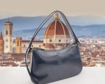 Italienische handgefertigte Ledertaschen für Damen | Elegante Schultertasche aus Leder aus Florenz, blaue Tasche, hergestellt in Italien