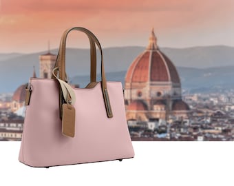 Italian Handmade Leather Bags for Women | Elegant Two-Tone Tote From Florence | Pink Leather Handbag | Made in Italy Purse | Shoulder Bag