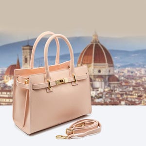 Italian Handmade Leather Bags For Woman | Elegant Blush Pink Leather Tote From Florence, Made in Italy