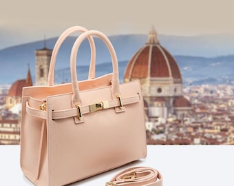Italian Handmade Leather Bags For Woman | Elegant Blush Pink Leather Tote From Florence, Made in Italy
