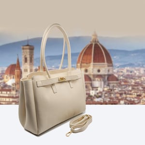 Italian Handmade Leather Bags For Woman | Elegant Leather Tote From Florence, Cream Bag, Made in Italy
